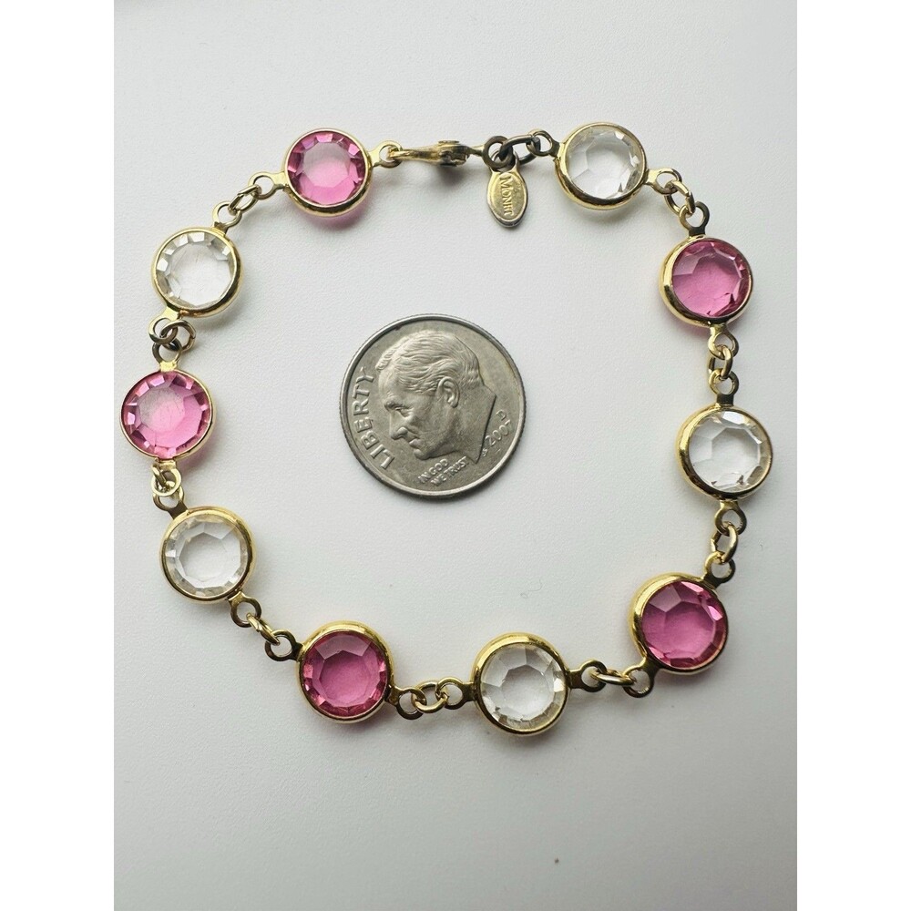 Vintage Monet Goldtone Pastel Pink Crystal Bracelet 7” - Picture 2 of 7
